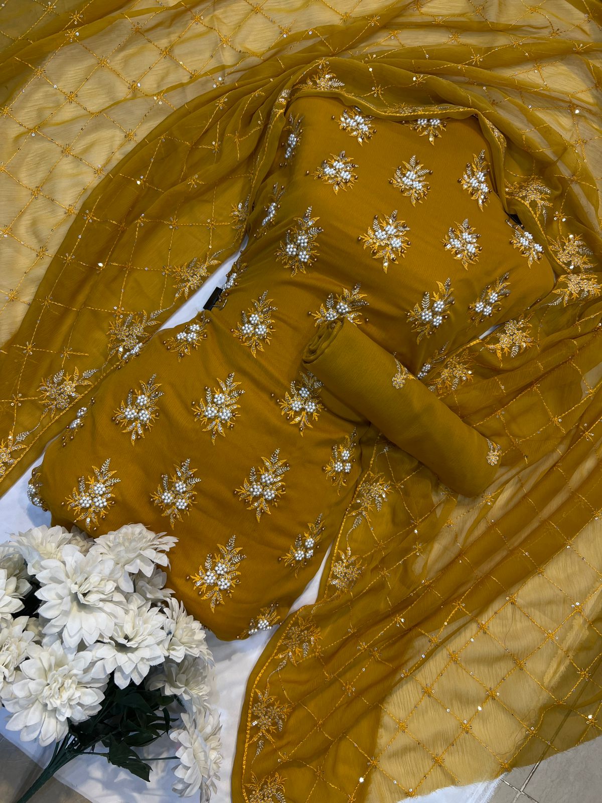Soft Chiffon Beauty – Fine Pules Embroidery 3PC (mustard)