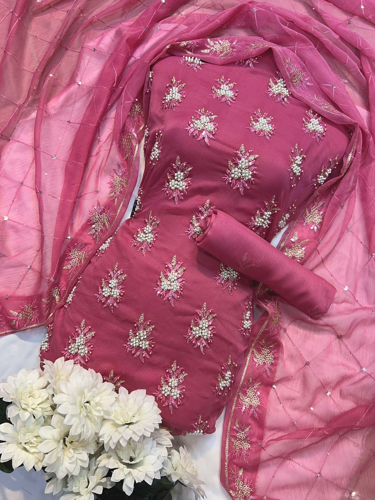 Soft Chiffon Fine Pules Embroidery 3PC (T-Pink)