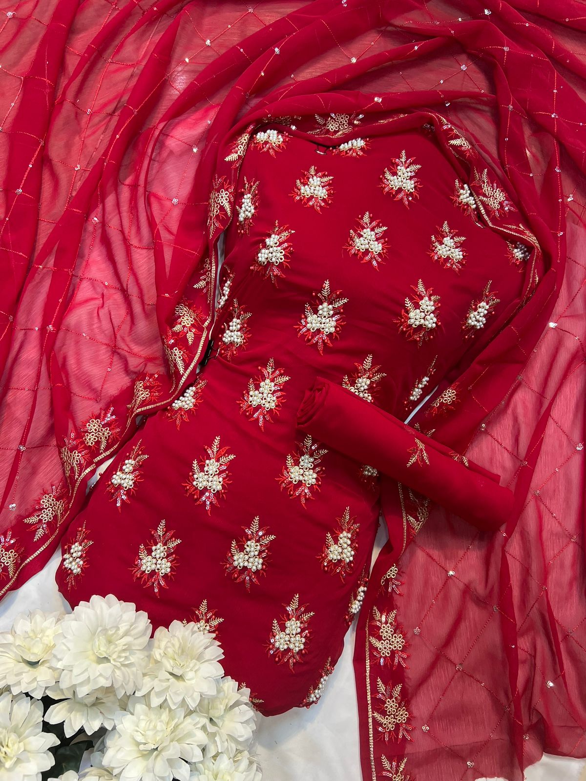 Soft Chiffon Fine Pules Embroidery 3PC (REDISH-MEHRON)