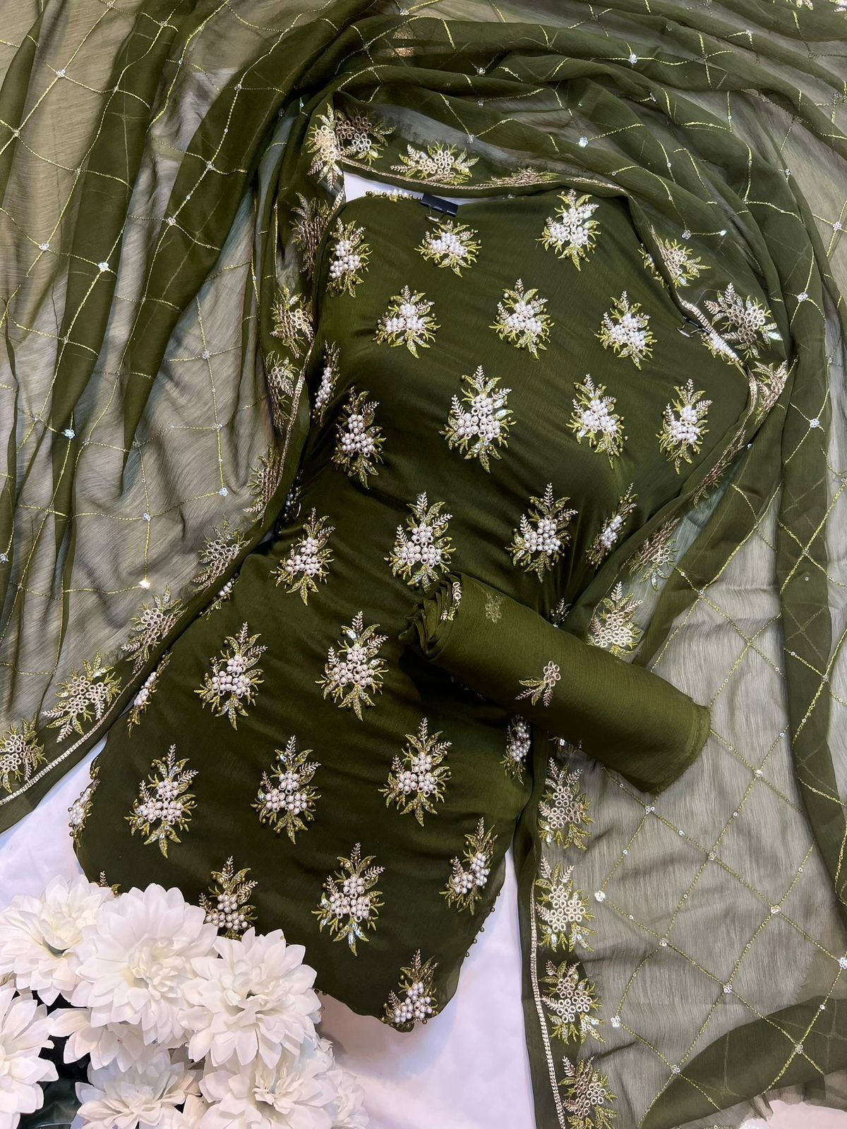 Soft Chiffon Beauty – Fine Pules Embroidery 3PC (ARMY-GREEN)