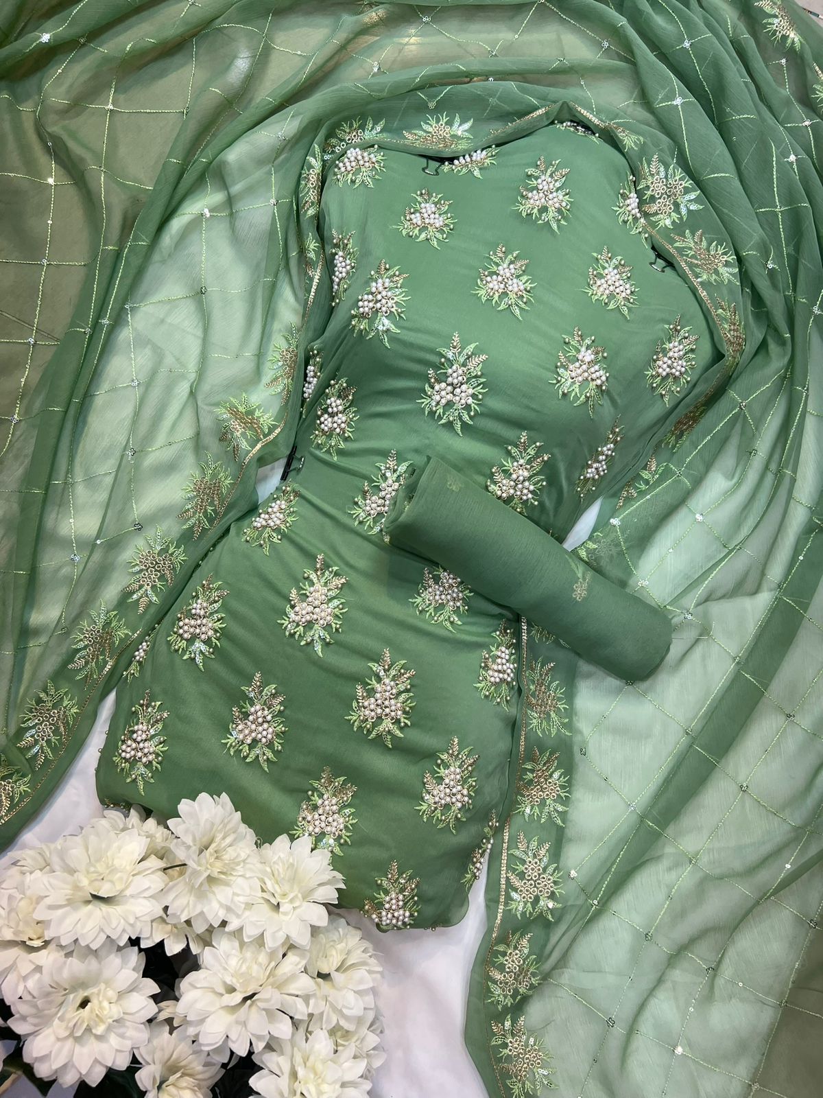 Soft Chiffon Fine Pules Embroidery 3PC (Skin)