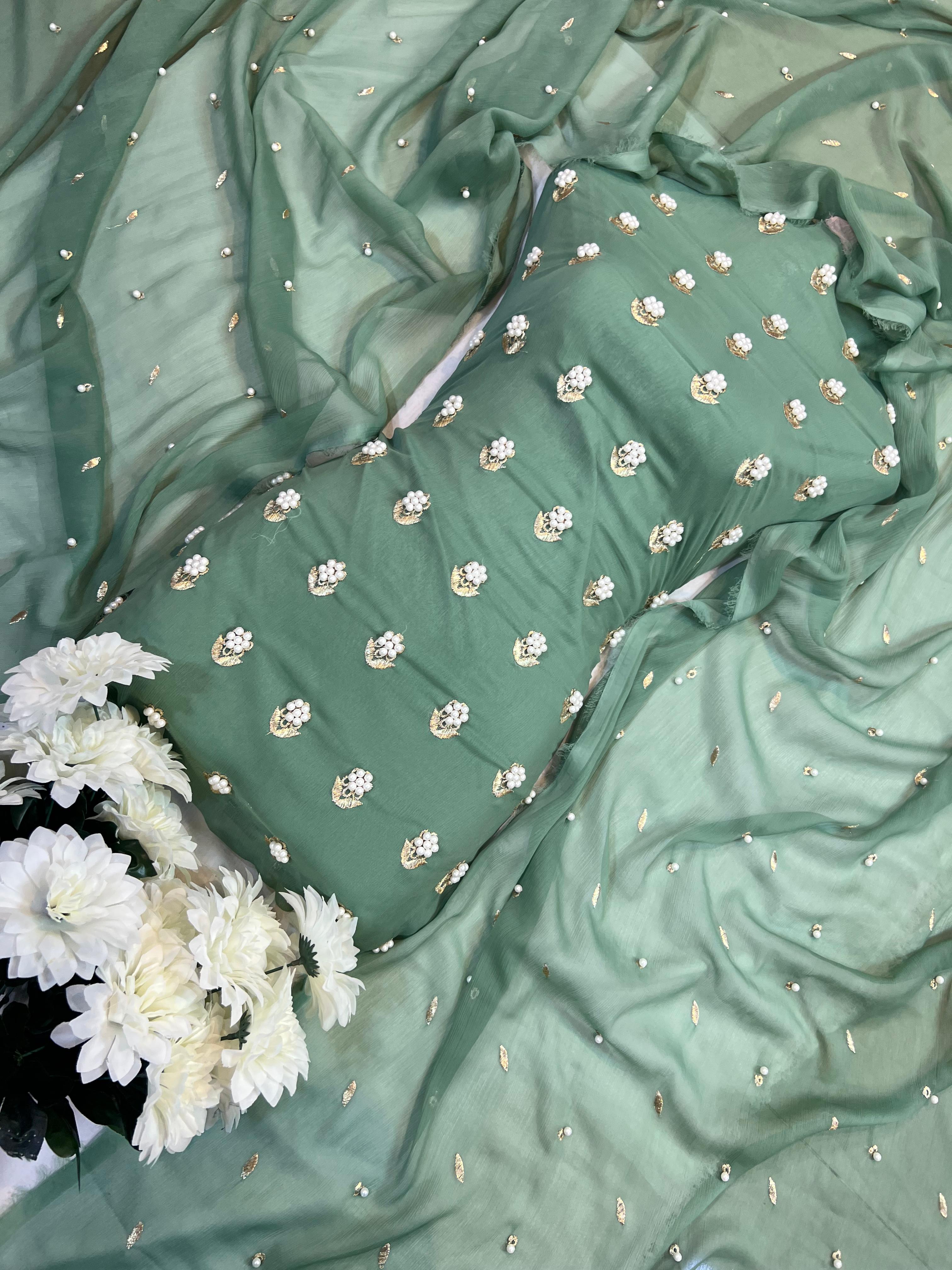 Premium 3-Piece Soft Chiffon Dress ✨(MINT-GREEN)